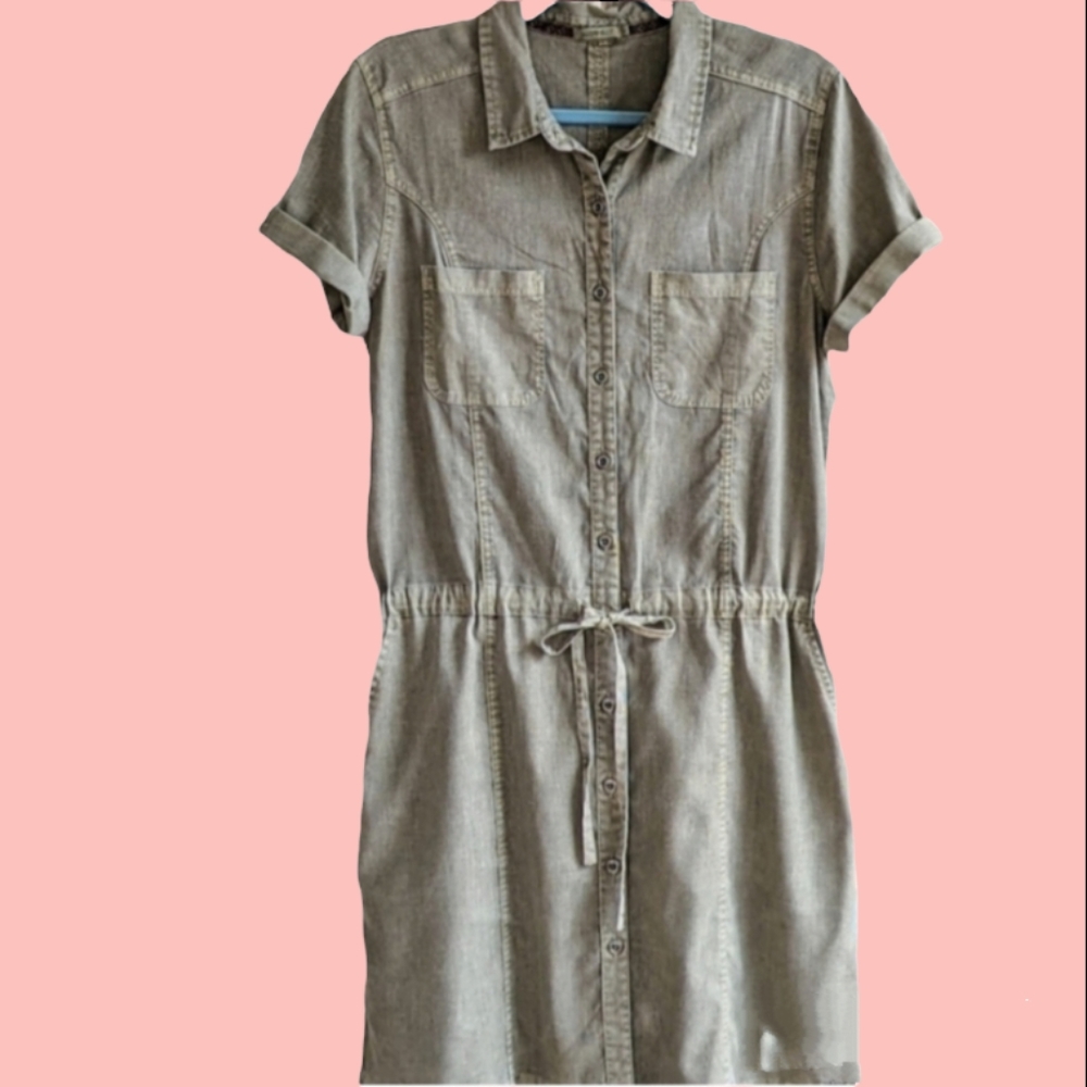 Soft Chambray Shirt Dress Olive Green with Pockets